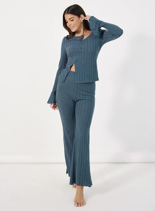 Styli Asymmetric Neck Rib Front Slit Top and Flared Pants Pyjama Set